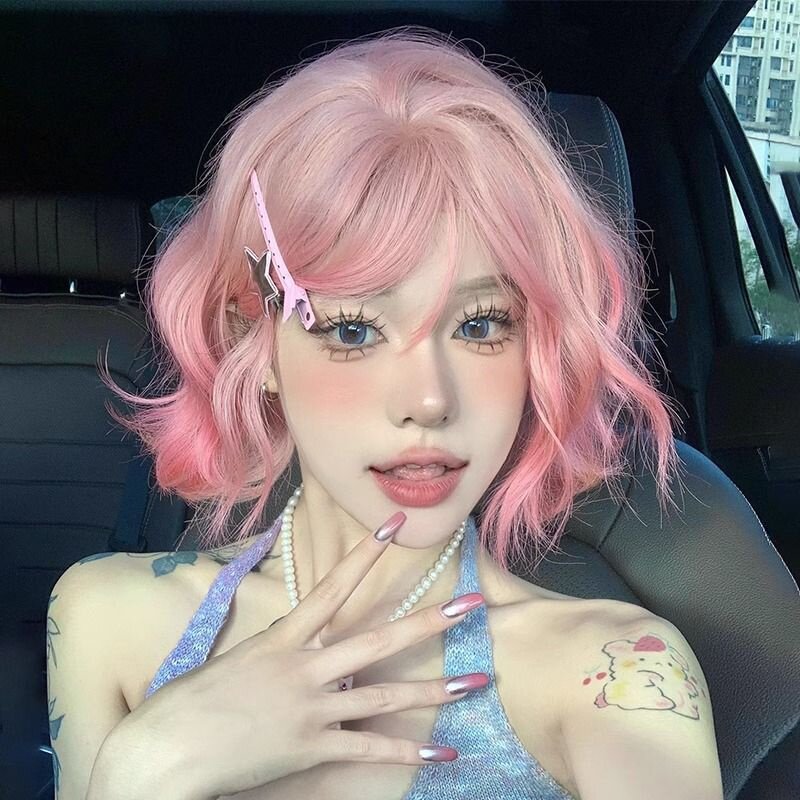 许昌假发女粉色短卷发lolita日常显白自然仿真人羊毛卷网红假发套