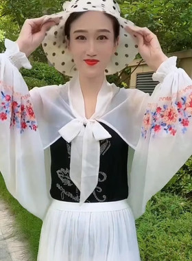 2026春夏新款韩版防衣女雪纺绣花连袖袖套骑车防晒披肩时尚百搭