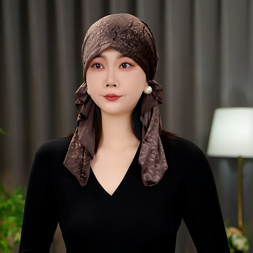 秋冬款保暖飘带帽子遮白发包头帽