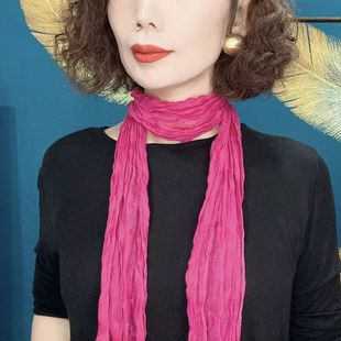 2025新款棉麻围巾女单色春秋细窄长条薄款褶皱丝巾百搭时尚围脖