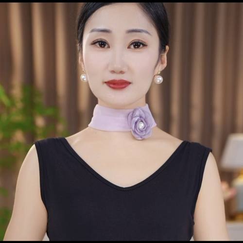 2025秋季新款纯色护颈花朵磁扣丝巾纱巾女百搭遮颈纹围巾懒人围脖