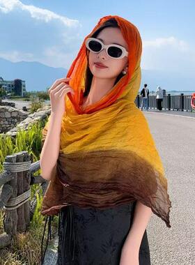 2026秋季新款压皱围巾时尚百搭护颈丝巾旅行拍照民族长巾披肩