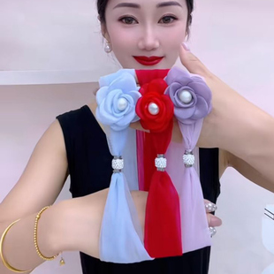 夏季2026新款护颈花朵磁扣丝巾女时尚百搭网纱遮颈纹围巾薄款围脖