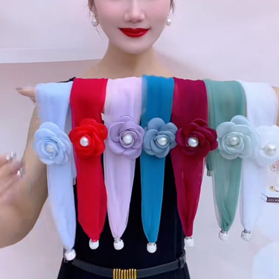 2025秋季新款护颈钻扣花朵丝巾女时尚百搭围巾纱巾多功能懒人围脖