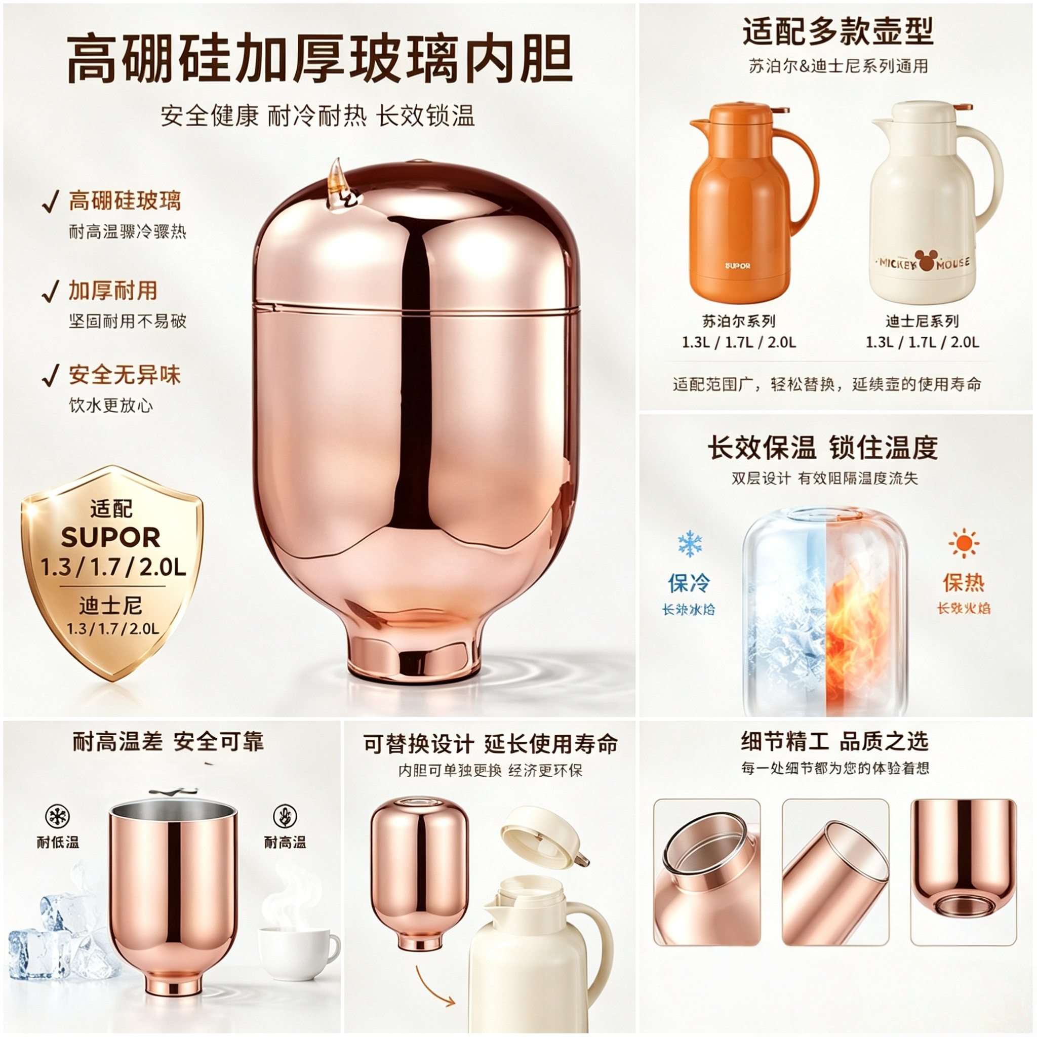 适合苏泊尔1.7/2.0升高端高硼玻璃食品母婴级材质迪士尼抗菌红胆