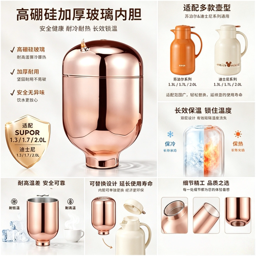 适合苏泊尔1.7/2.0升高端高硼玻璃食品母婴级材质迪士尼抗菌红胆