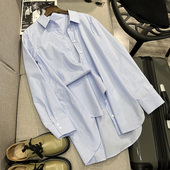 Jil 衬衣女秋冬 纯棉条纹宽松翻领衬衫 san复刻及简大气中长款 长袖
