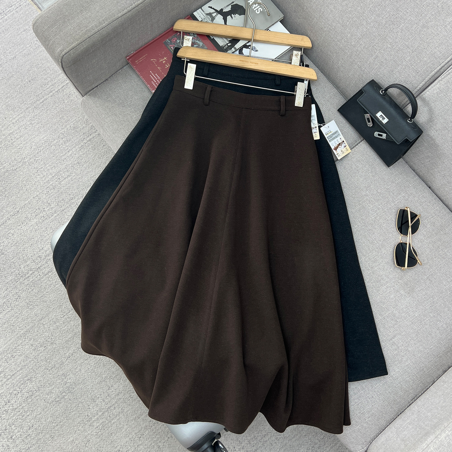 山羊绒+醋酸极简风高腰半身裙女