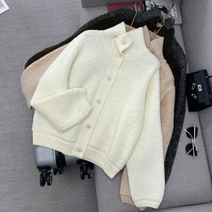 100绵羊毛~圈圈纱老钱风立领纽扣高克重针织衫开衫宽松毛衣外套女