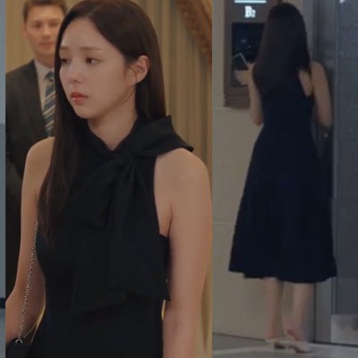现在拨打的电话蔡秀彬洪熙珠同款显瘦飘带蝴蝶结气质黑色连衣裙女