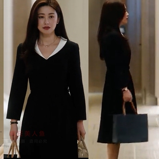 蜜语纪朱珠许蜜语同款收腰显瘦拼色翻领黑色连衣裙中长款2026新款