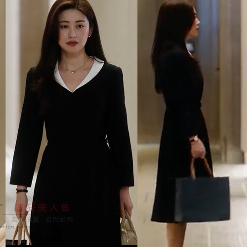 蜜语纪朱珠许蜜语同款收腰显瘦拼色翻领黑色连衣裙中长款2026新款