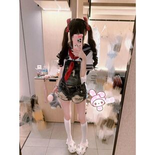 美式复古新款辣妹水洗背带破洞2026年夏季牛仔复古背带裤连体短裤
