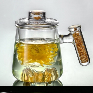 金箔茶水分离泡茶杯藏金观山主人杯子家用办公室玻璃水杯过滤茶杯