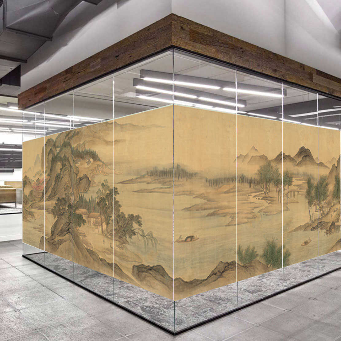 中式山水国画玻璃静电贴画经典国风装饰画办公室客厅移门窗户贴膜图片