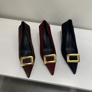 法式高跟鞋女秋冬季新款黑色工作鞋气质名媛尖头浅口细跟红色婚鞋