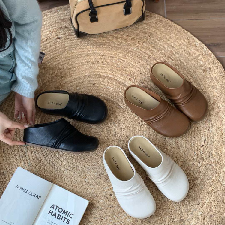 内增高5CM小个子厚底勃肯鞋包头半拖鞋女夏季外穿褶皱复古穆勒鞋