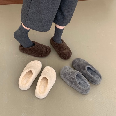 灰色毛毛鞋女外穿内增高厚底勃肯拖鞋冬季新款一脚蹬加绒保暖棉鞋