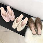 仙女风粗跟法式毛毛鞋女秋冬季新款外穿蝴蝶结粉色气质包头半拖鞋