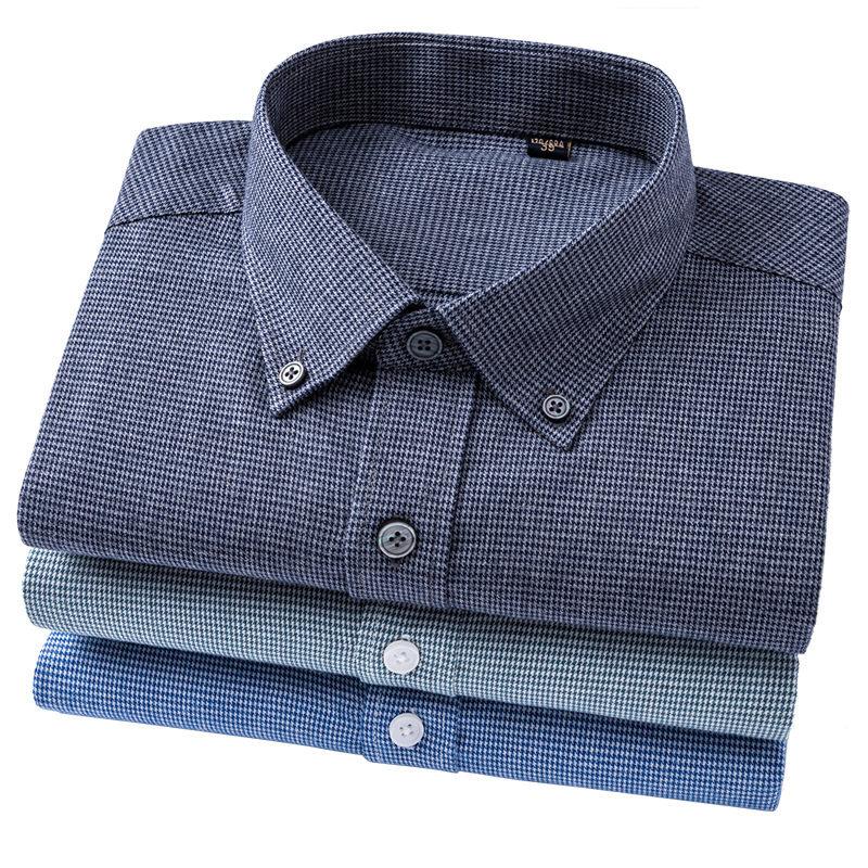 品质男装衬衫千鸟格绵羊毛尖领钮扣领有口袋外穿内搭男式长袖衬衣