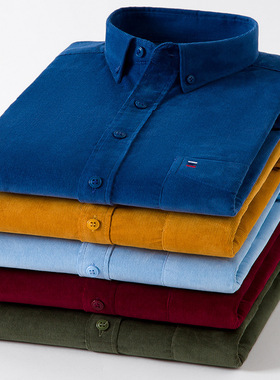 全棉灯芯绒长袖衬衫口袋刺绣钮扣领男装上衣英伦复古大码男式衬衣