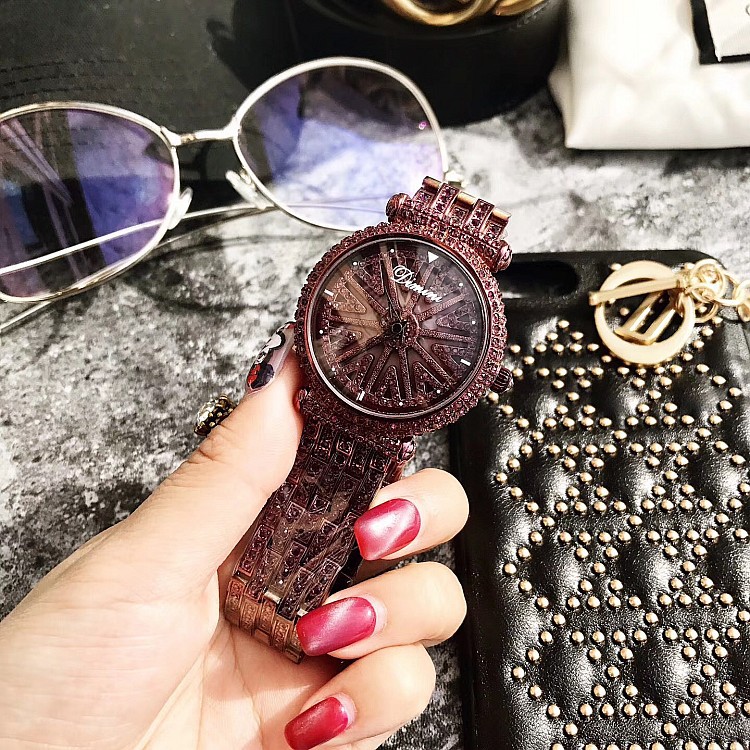 蒂米妮女款女表镶钻表带玫瑰金色大气腕表时尚会转动女士手表