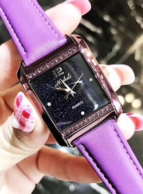 玛莎莉 新款 潮流个性 时尚 星空面镶钻方形女士手表紫色皮表带