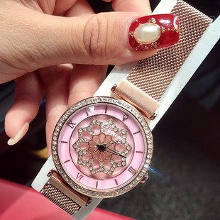 粉红色大气米兰表带时尚 女蒂米妮士手表会转动表镶钻抖音同款