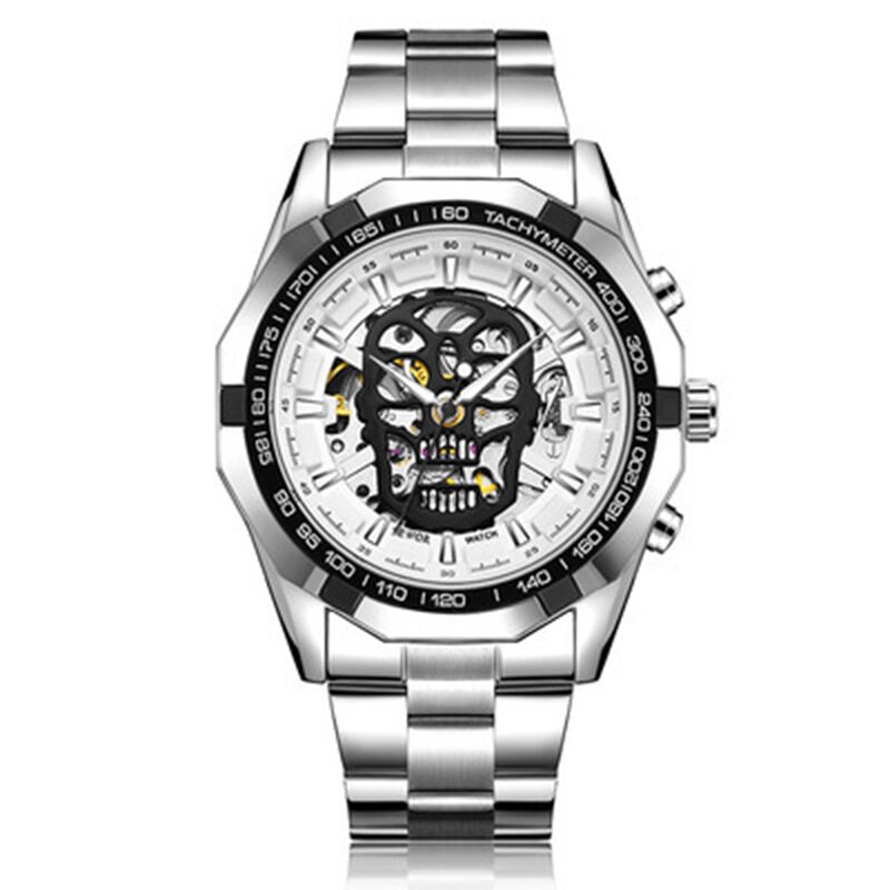 钢带全自动机械手表骷髅头夜光表镂空士表740防水sewor男时尚透底