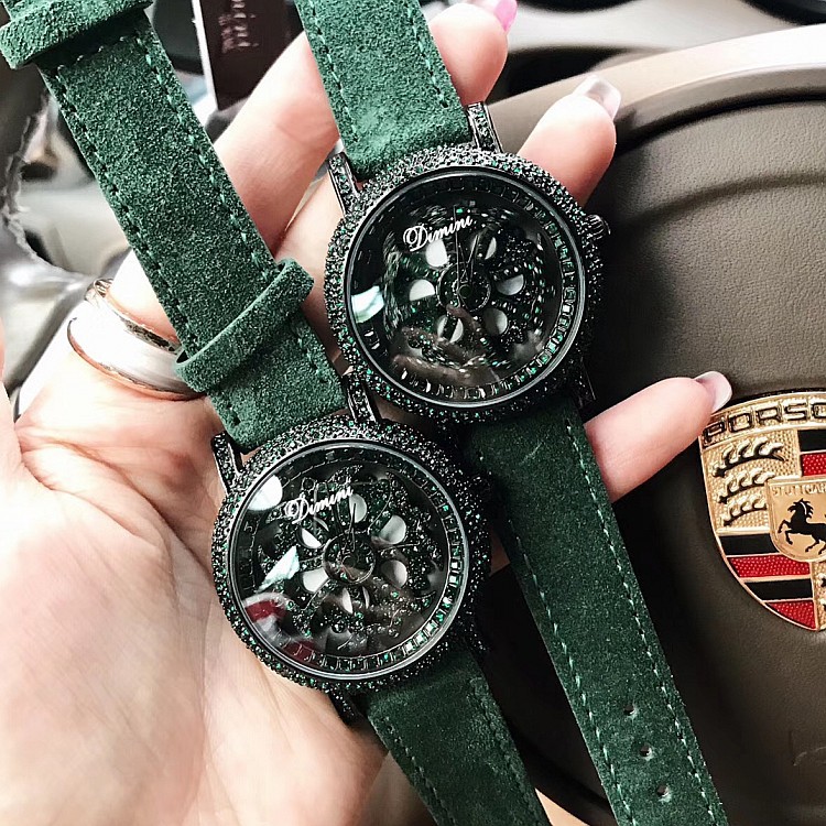 蒂米妮 新款  潮流时尚 会转动镶钻 绿色女士手表 毛皮表带
