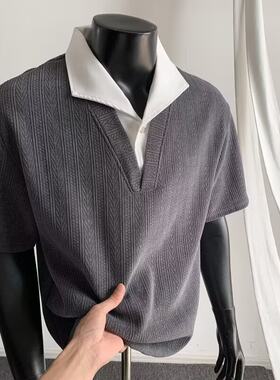 V37美式麦穗纹理感假两件polo衫男夏老钱风宽松休闲翻领短袖上衣