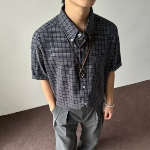 韩都老钱风深蓝色格子短袖衬衫男款短宽boxy版型休闲夏季开衫男装
