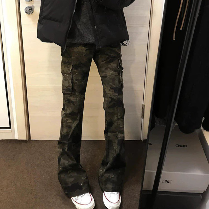 美式复古迷彩微喇工装裤男款秋冬vibe高街裤子cleanfit修身牛仔裤