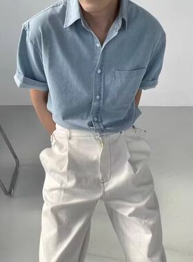 V37水洗牛仔短袖衬衫男士夏季宽松休闲衬衣男韩系通勤风复古穿搭
