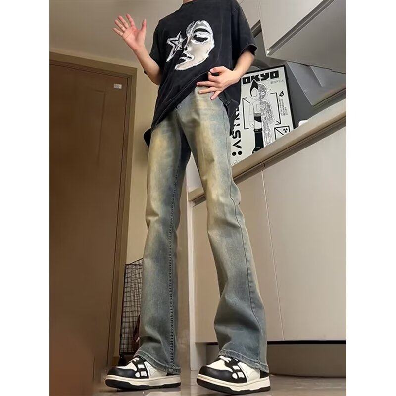 高腰复古蓝2025秋冬牛仔裤男款加绒美式高街vibe裤子直筒微喇裤男