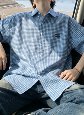 美式复古格纹刺绣短袖衬衫男女夏季宽松POLO衫T恤设计感情侣外套