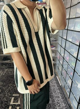 陈冠希同款 网眼条纹缕空POLO短袖t恤男舒适百搭简约毛衣男女同款