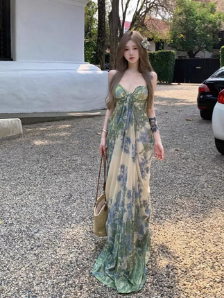 Beautiful Printed Long Dress for Taking Photos at the Beach in Thailand, with a Slim Fit and a Vacation Vibe, Strapless and Spaghetti Strap Dress for Summer