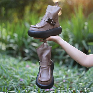 复古真皮穿搭厚底马丁靴子女秋冬新款 松糕跟厚底休闲短靴加绒棉靴