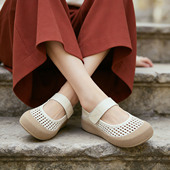 头层牛皮魔术贴平底两穿镂空单鞋 复古真皮休闲凉鞋 女夏2026年新款