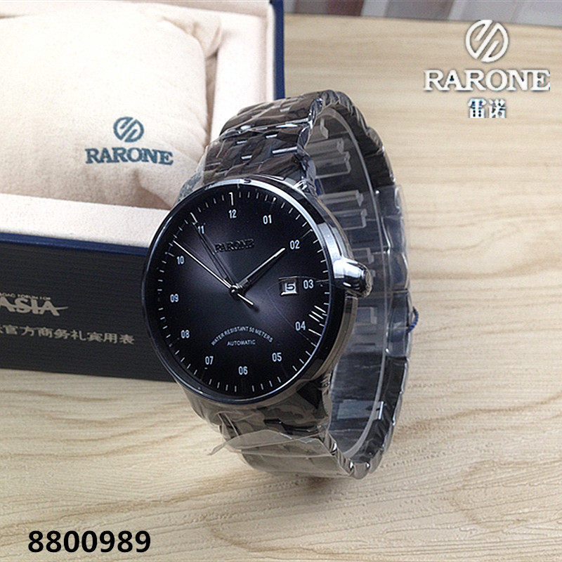 RARONE/雷诺男士手表机械男表全自动全黑表盘钢带日历夜光8800989