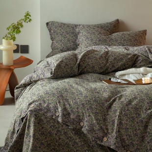 纽扣款 复古碎花四件套A类母婴级全棉双层纱床品纯棉套件被套 韩式