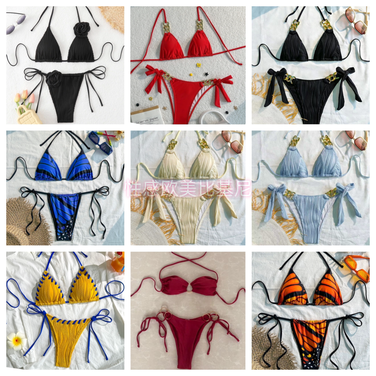 欧美外贸原单出口泳衣女三角比基尼绑带挂脖印花分体套装小胸花朵