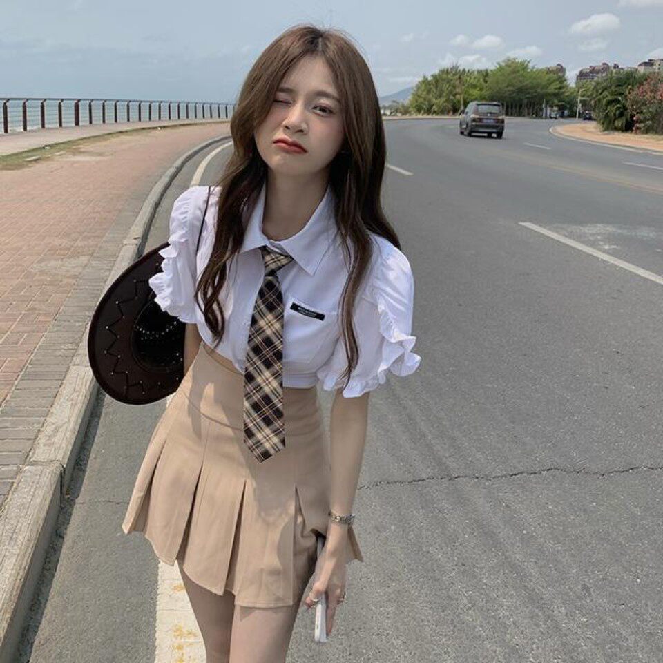 夏季短款白色短袖衬衫女+高腰显瘦百褶半身短裙气质甜美时尚套装