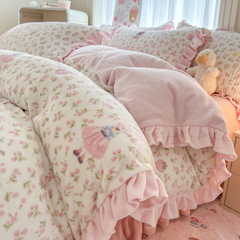 冬季加厚保暖牛奶绒床上四件套卡通毛绒被套床品床盖款床单三件套