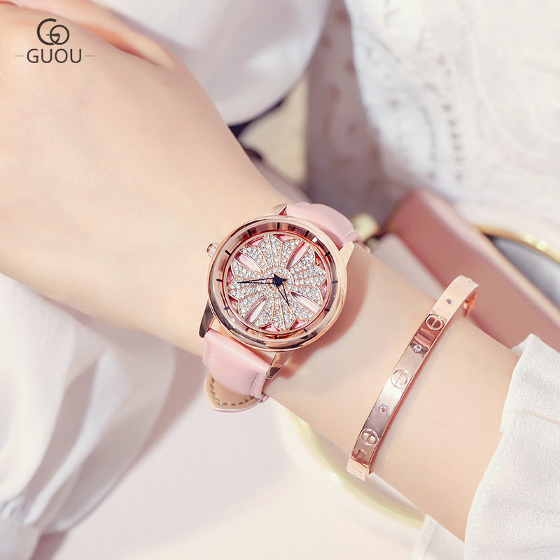 时尚女生真皮石英表ulzzang四叶草水钻女士手表guou古欧