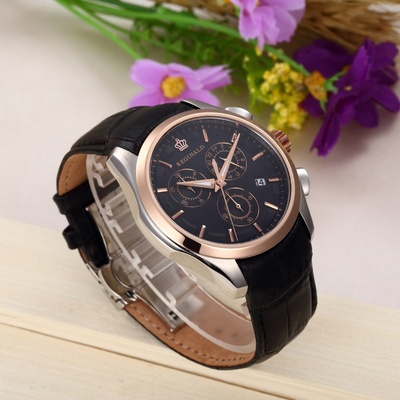 香港皇冠利吉奴REGINALD男表 真皮表带蓝宝石石英手表男计时腕表