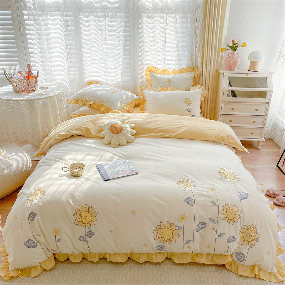 贴布绣全向日葵花开治愈系黄白配色家用40支水洗裸睡亲肤套件棉