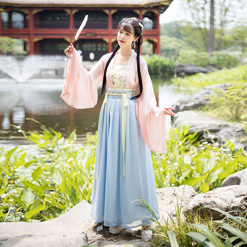 9319#原创实拍2021年夏季汉服女绣花广袖齐腰襦裙日常三件套