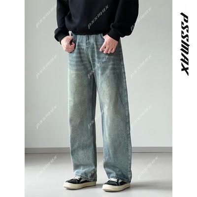 PSSMAX松紧腰复古弯刀牛仔长裤男